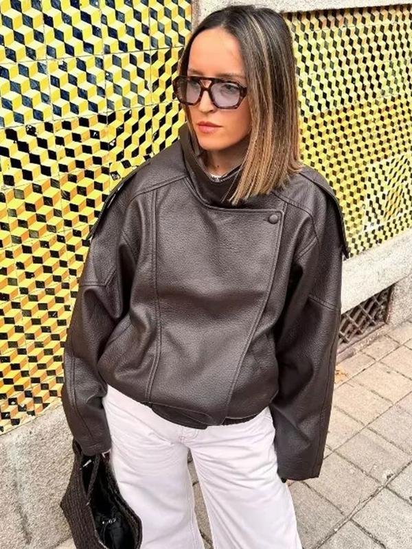Veste en similicuir noir à col montant, veste de moto oversize
