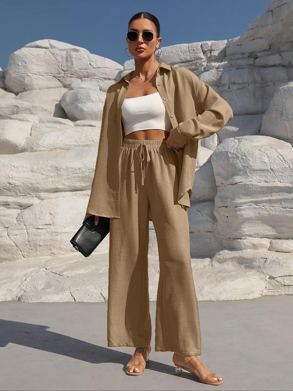 👗 60% DE RÉDUCTION! ✨Ensemble deux pièces pour femme composé d'une chemise unie à boutons sur le devant et d'un pantalon à jambes larges noué sur le devant
