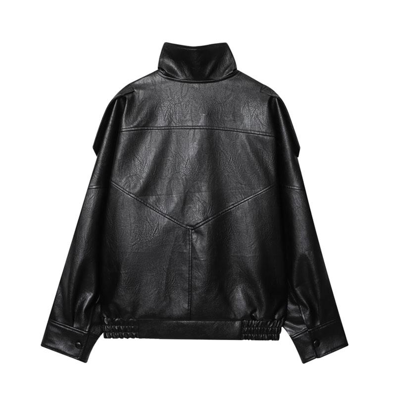 Veste en similicuir noir à col montant, veste de moto oversize