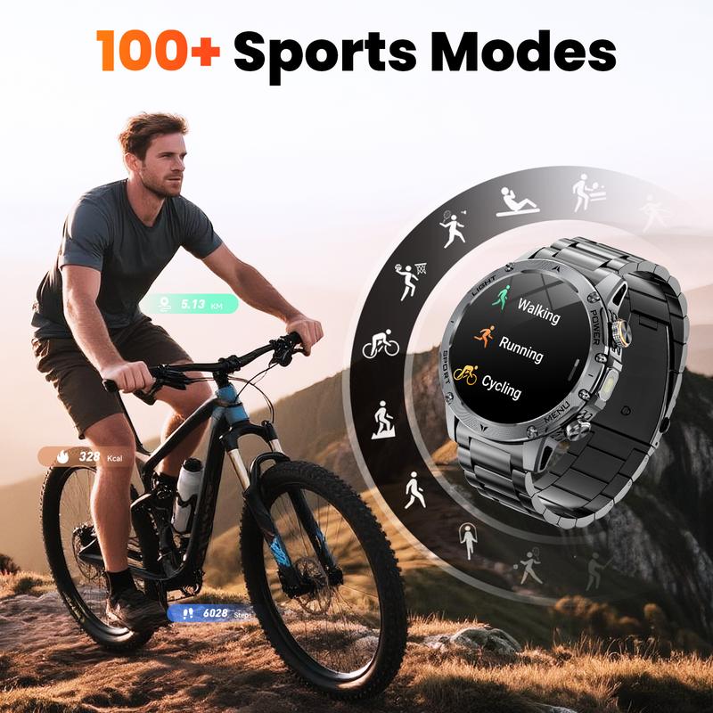 Montre connectée pour homme de style militaire avec batterie de 1 100 mAh, écran AMOLED de 1,7 pouces, lampe torche LED, étanchéité IP68, montre de sport avec fonction téléphone, plus de 110 modes sportifs, suivi de la fréquence cardiaque et du sommeil