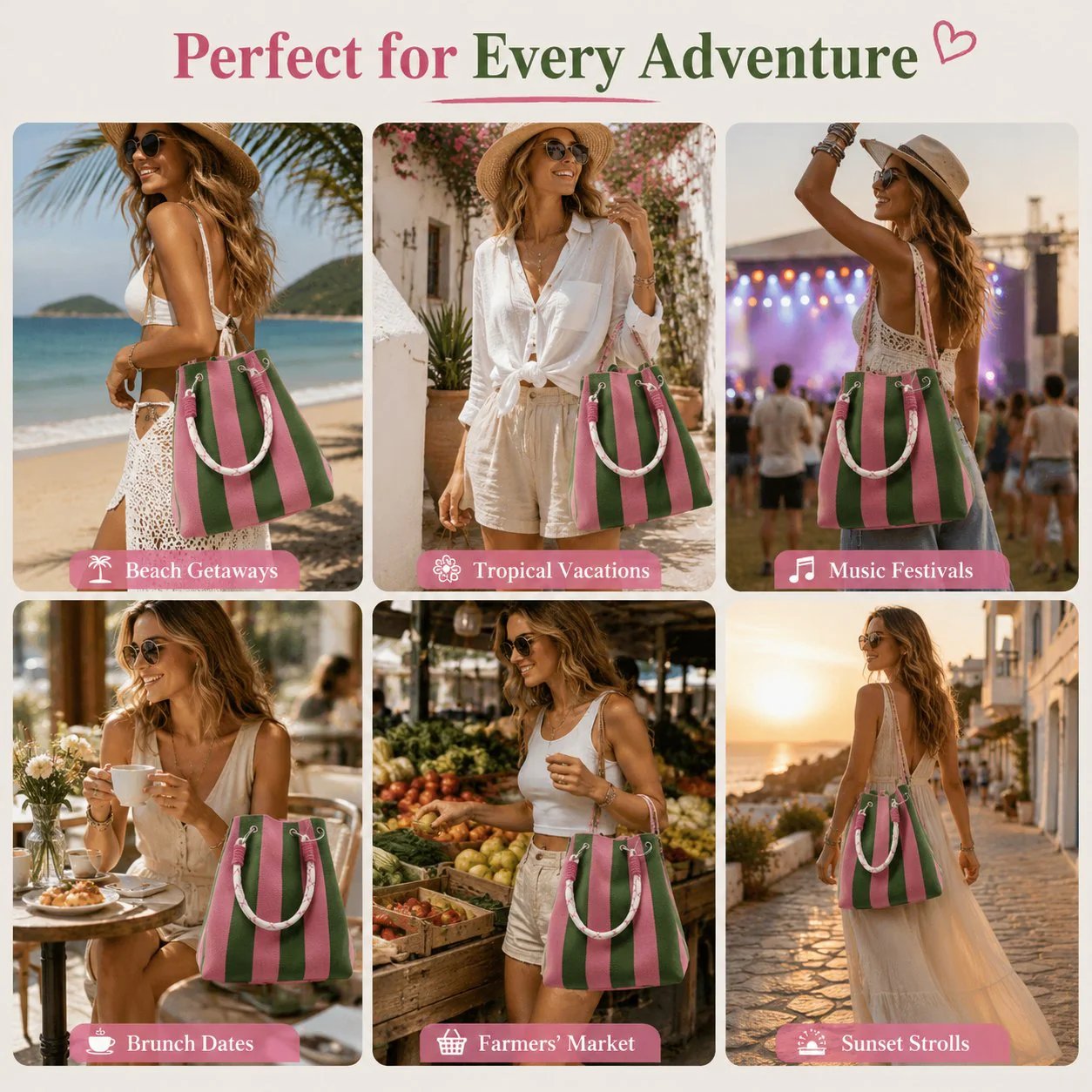🏆👜🌴 Sac seau bohème rayé en maille pour femme – Sac bandoulière d’été fait main pour la plage