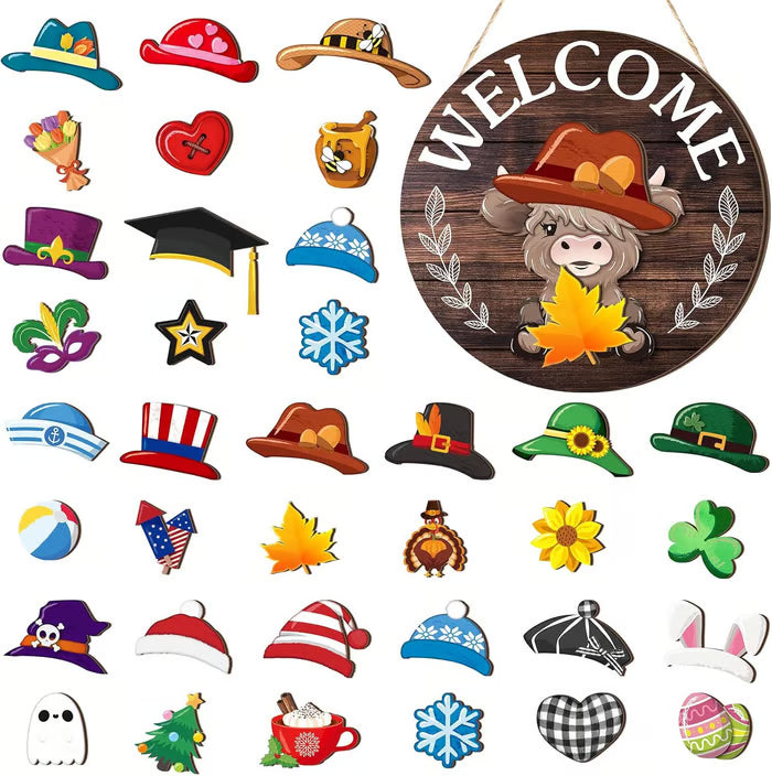 🐇 Soldes de Pâques : 50 % DE RÉDUCTION !! 💥 Panneau « Highland Cow » Panneau de bienvenue interchangeable avec aimant Chapeaux amovibles Adorables bovins à suspendre
