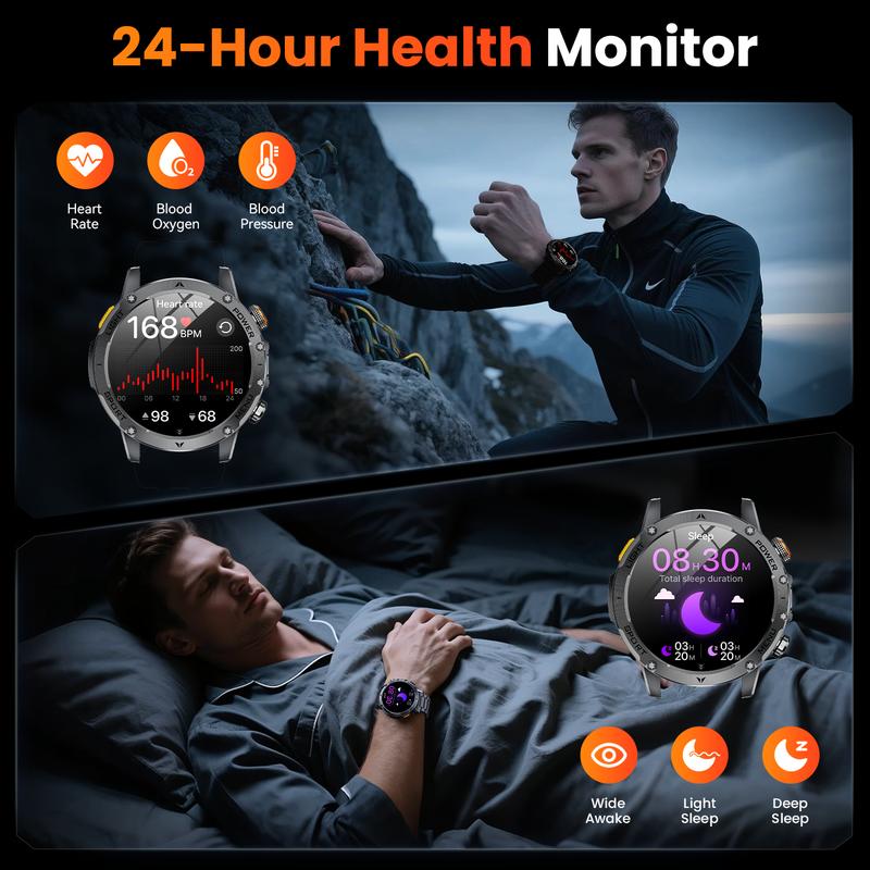 Montre connectée pour homme de style militaire avec batterie de 1 100 mAh, écran AMOLED de 1,7 pouces, lampe torche LED, étanchéité IP68, montre de sport avec fonction téléphone, plus de 110 modes sportifs, suivi de la fréquence cardiaque et du sommeil