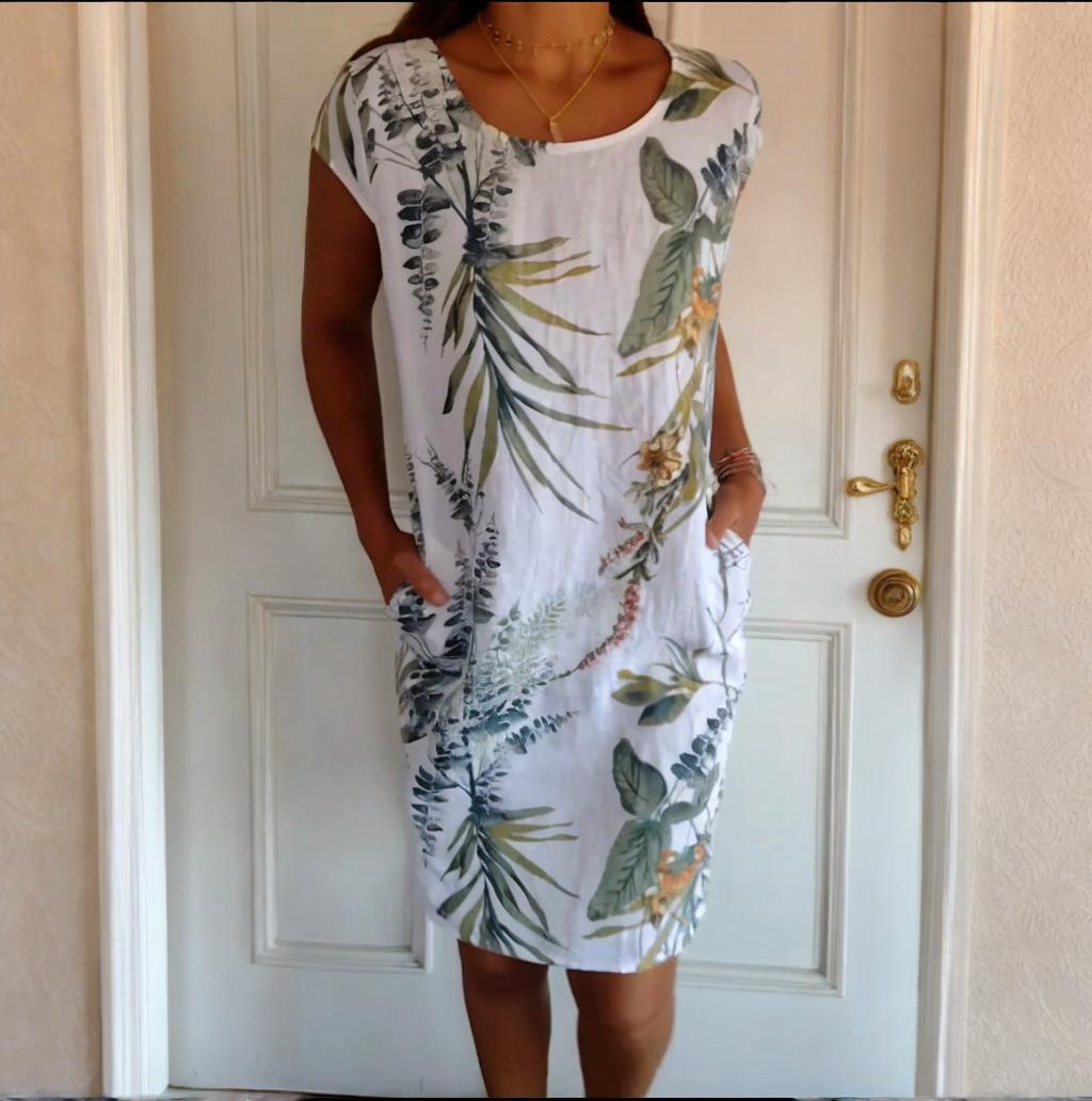 🌷Vente de printemps 50% de réduction🍀Robe à col rond à imprimé botanique pour femmes