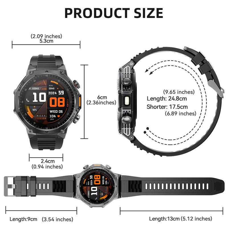 Montre connectée pour homme de style militaire avec batterie de 1 100 mAh, écran AMOLED de 1,7 pouces, lampe torche LED, étanchéité IP68, montre de sport avec fonction téléphone, plus de 110 modes sportifs, suivi de la fréquence cardiaque et du sommeil