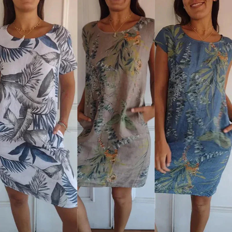 🌷Vente de printemps 50% de réduction🍀Robe à col rond à imprimé botanique pour femmes