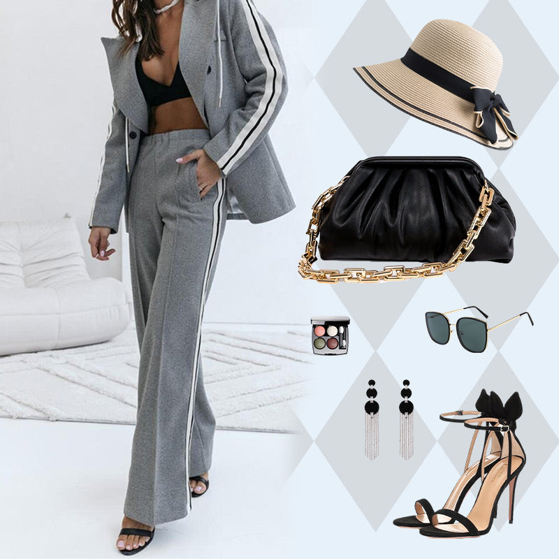 ✨Ensemble 2 pièces blazer gris décontracté et pantalon large pour femme