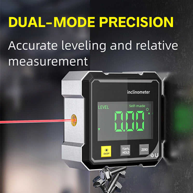 Inclinomètre numérique magnétique rechargeable à 360° avec double laser – Pour menuiserie et engins de chantier – Modes absolu et relatif – Écran clair – Commandes simples