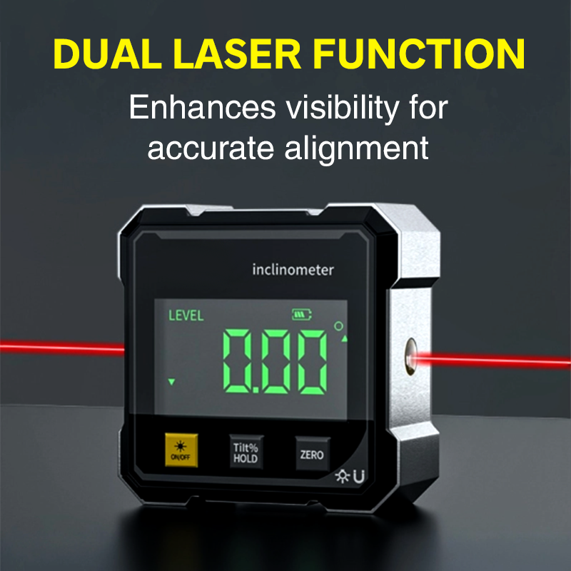 Inclinomètre numérique magnétique rechargeable à 360° avec double laser – Pour menuiserie et engins de chantier – Modes absolu et relatif – Écran clair – Commandes simples