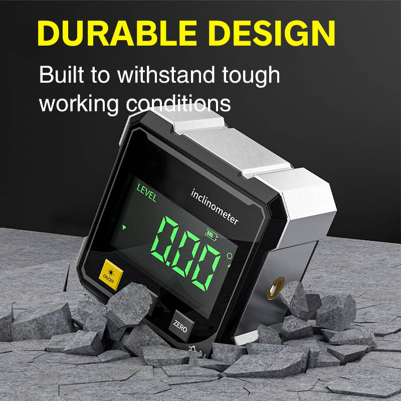 Inclinomètre numérique magnétique rechargeable à 360° avec double laser – Pour menuiserie et engins de chantier – Modes absolu et relatif – Écran clair – Commandes simples
