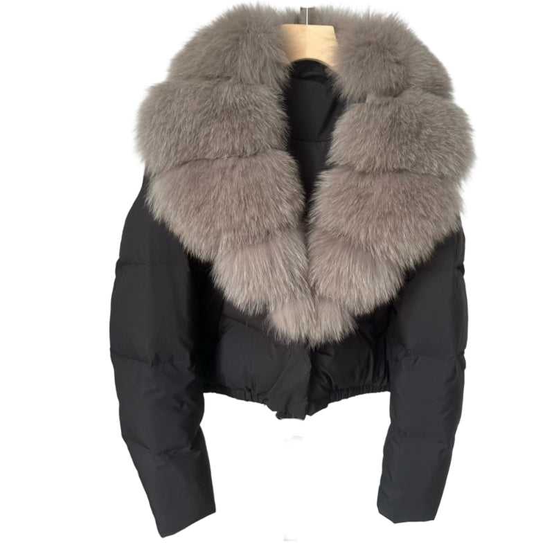 Veste courte tendance pour femme avec col en fourrure chaude (duvet de canard blanc d'Islande)