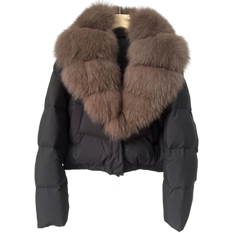 Veste courte tendance pour femme avec col en fourrure chaude (duvet de canard blanc d'Islande)
