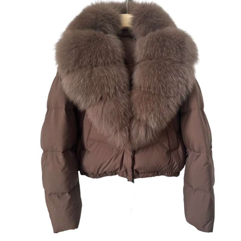 Veste courte tendance pour femme avec col en fourrure chaude (duvet de canard blanc d'Islande)