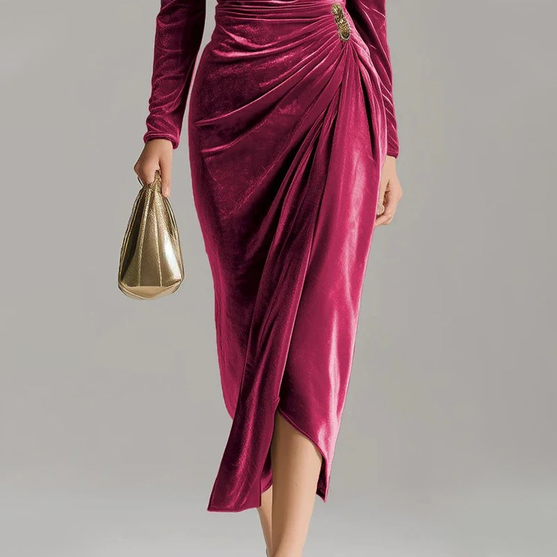 👗👚Robe à manches longues avec col, froncée et fendue