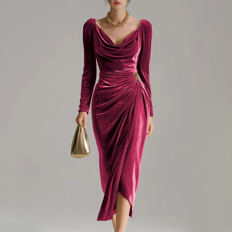 👗👚Robe à manches longues avec col, froncée et fendue