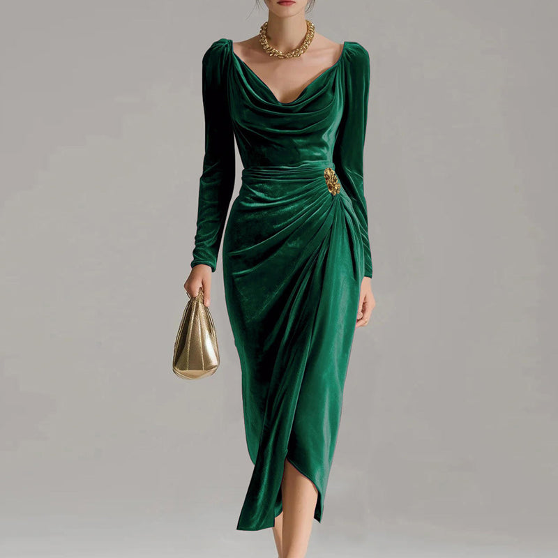 👗👚Robe à manches longues avec col, froncée et fendue