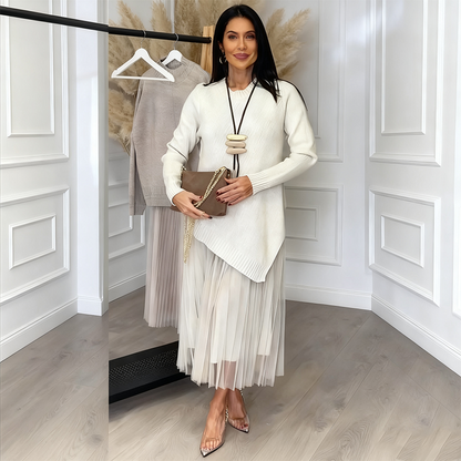 Ensemble 2 pièces pour femme : pull asymétrique et robe midi plissée à bretelles