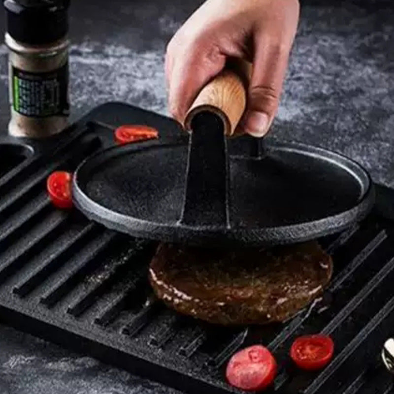 Presse à steak et à hamburger en fonte avec manche en bois