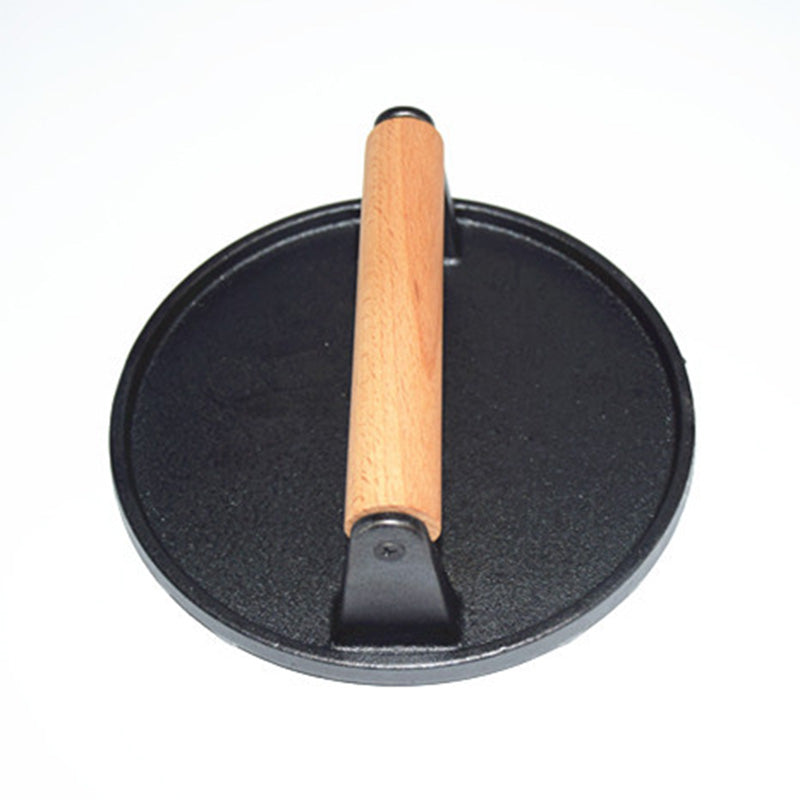 Presse à steak et à hamburger en fonte avec manche en bois