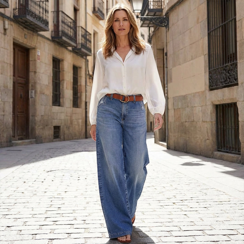 👖✨ 50% de réduction ! Jean Vintage Taille Haute à Jambes Larges pour Femme – Délavage rétro, coupe flatteuse & confort en coton toute la journée