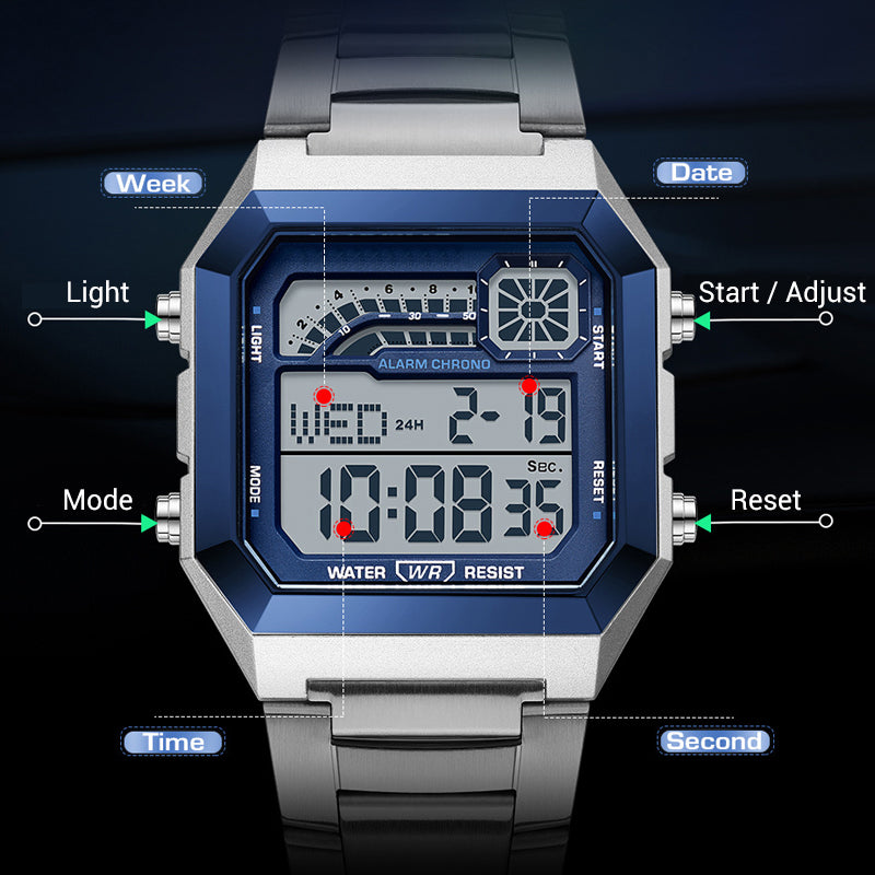 Montre numérique carrée unisexe avec écran lumineux
