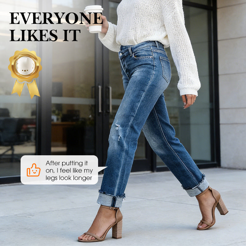 👖 50% DE RÉDUCTION! 💙 Jean Stretch Taille Haute Jambe Droite pour Femme – Confortable, Silhouette Allongeante & Look Classique ✨