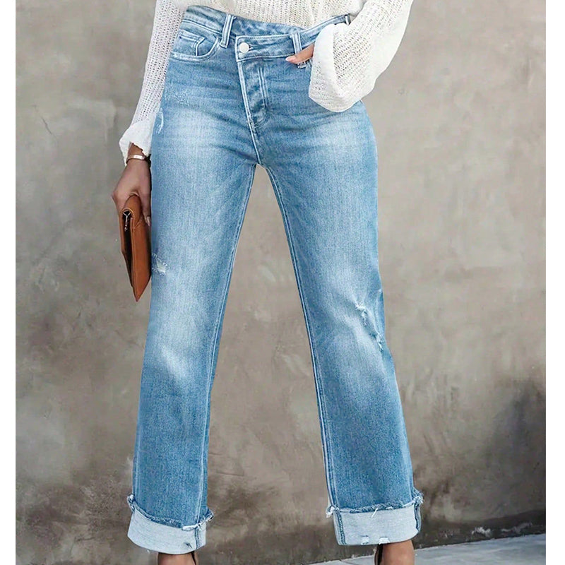 👖 50% DE RÉDUCTION! 💙 Jean Stretch Taille Haute Jambe Droite pour Femme – Confortable, Silhouette Allongeante & Look Classique ✨
