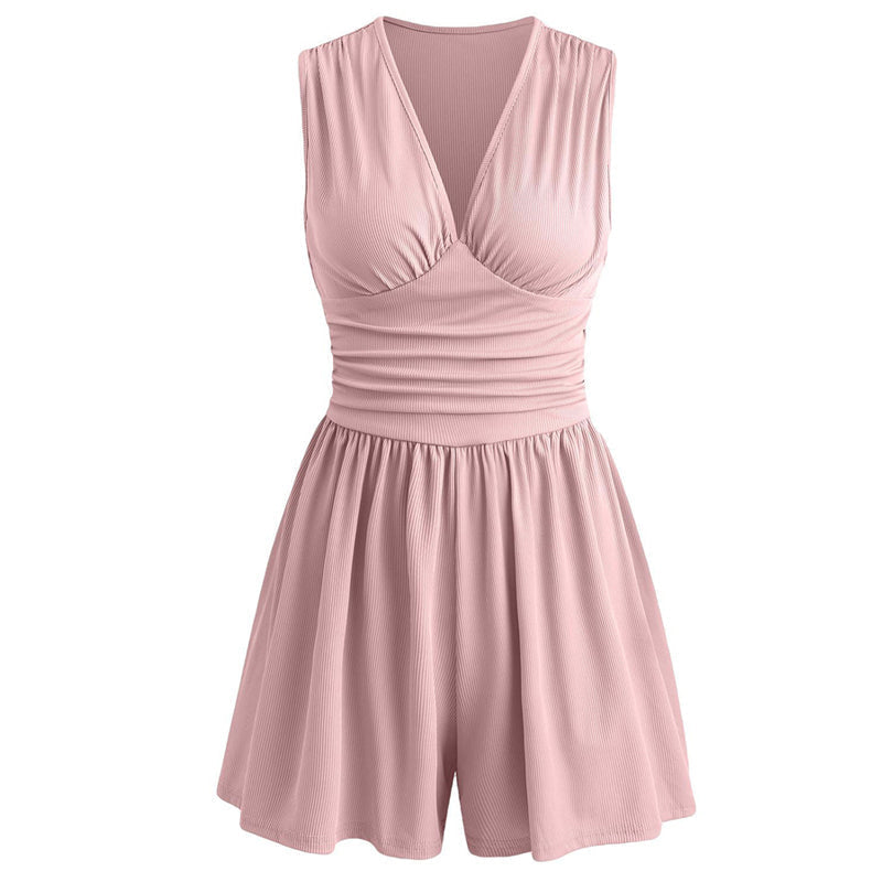 👗 50 % DE RÉDUCTION 🌸 Combinaison courte V-neck taille pinces – Sans manches, taille plissée – Doux, respirant & flatteuse pour les journées ensoleillées 🦋