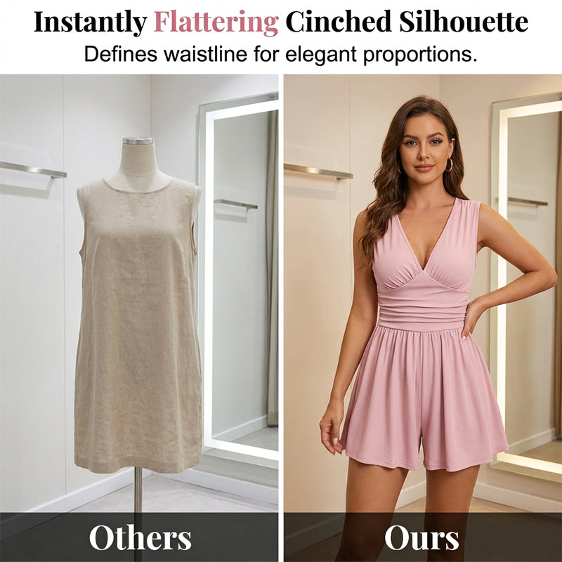👗 50 % DE RÉDUCTION 🌸 Combinaison courte V-neck taille pinces – Sans manches, taille plissée – Doux, respirant & flatteuse pour les journées ensoleillées 🦋