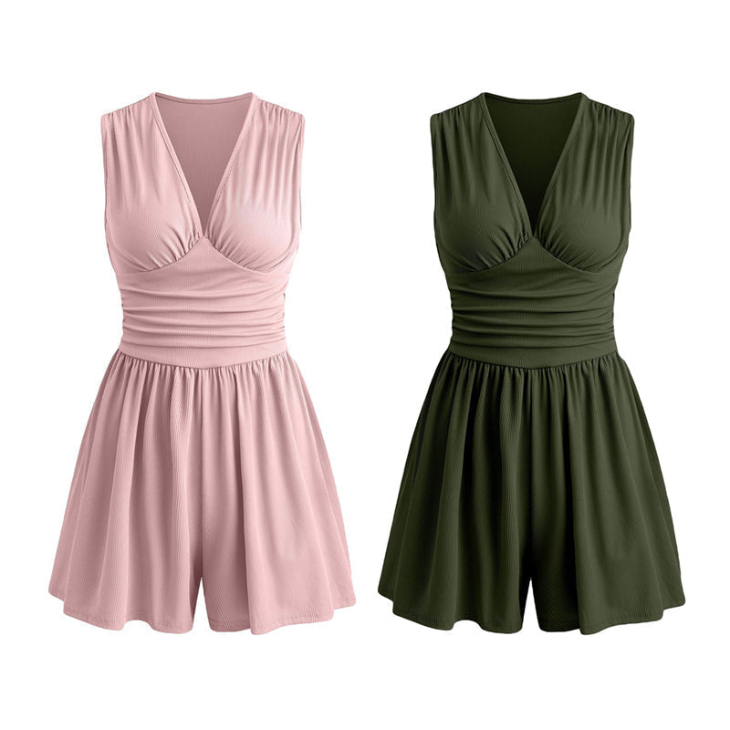👗 50 % DE RÉDUCTION 🌸 Combinaison courte V-neck taille pinces – Sans manches, taille plissée – Doux, respirant & flatteuse pour les journées ensoleillées 🦋