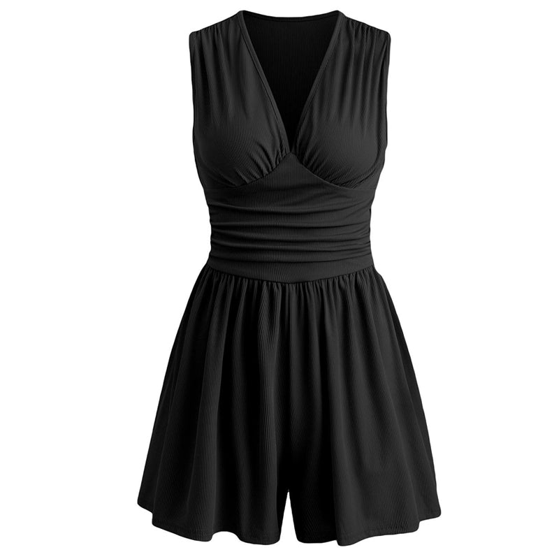👗 50 % DE RÉDUCTION 🌸 Combinaison courte V-neck taille pinces – Sans manches, taille plissée – Doux, respirant & flatteuse pour les journées ensoleillées 🦋