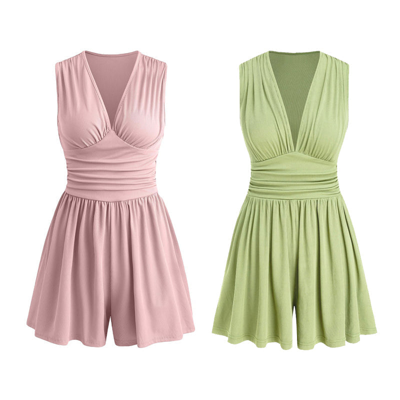 👗 50 % DE RÉDUCTION 🌸 Combinaison courte V-neck taille pinces – Sans manches, taille plissée – Doux, respirant & flatteuse pour les journées ensoleillées 🦋