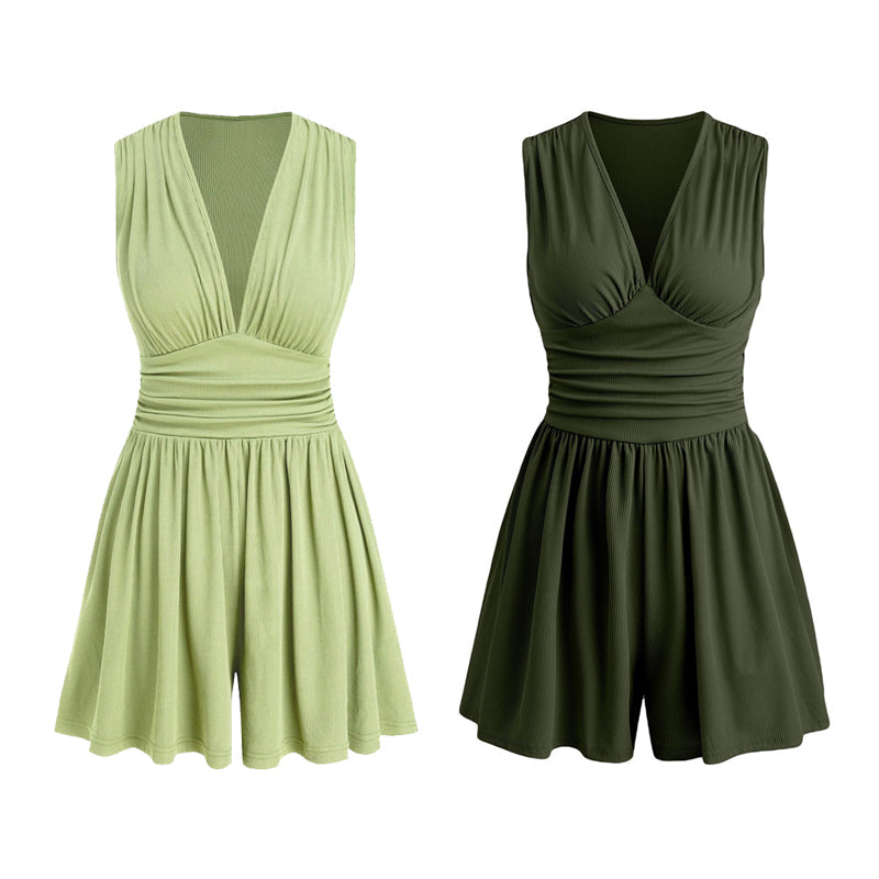 👗 50 % DE RÉDUCTION 🌸 Combinaison courte V-neck taille pinces – Sans manches, taille plissée – Doux, respirant & flatteuse pour les journées ensoleillées 🦋