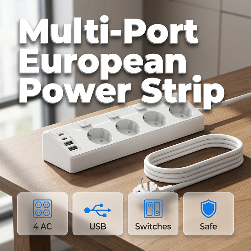 Multiprise à 4 prises avec interrupteurs individuels et ports USB