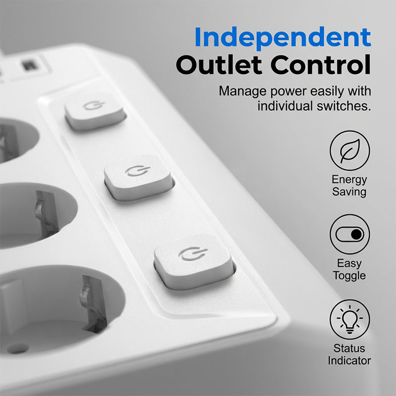 Multiprise à 4 prises avec interrupteurs individuels et ports USB