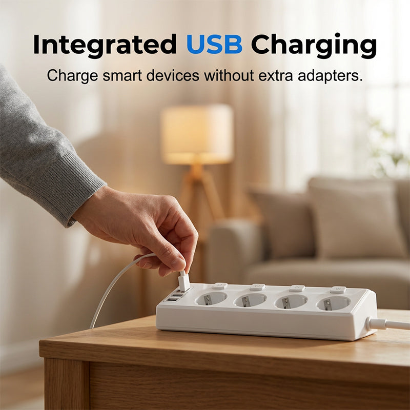 Multiprise à 4 prises avec interrupteurs individuels et ports USB