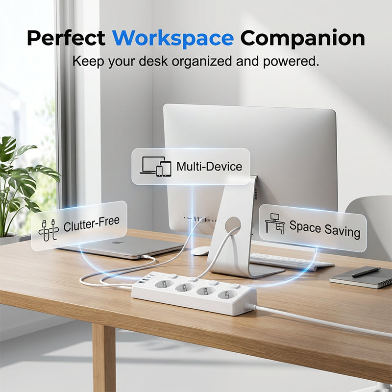 Multiprise à 4 prises avec interrupteurs individuels et ports USB