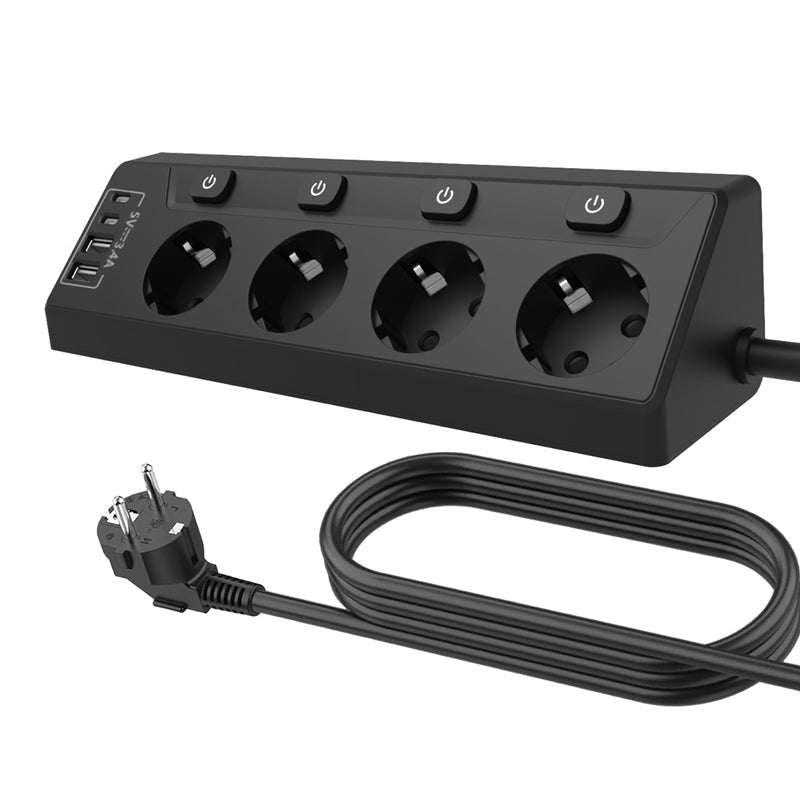 Multiprise à 4 prises avec interrupteurs individuels et ports USB