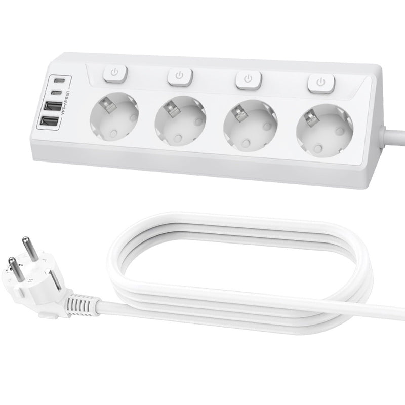 Multiprise à 4 prises avec interrupteurs individuels et ports USB