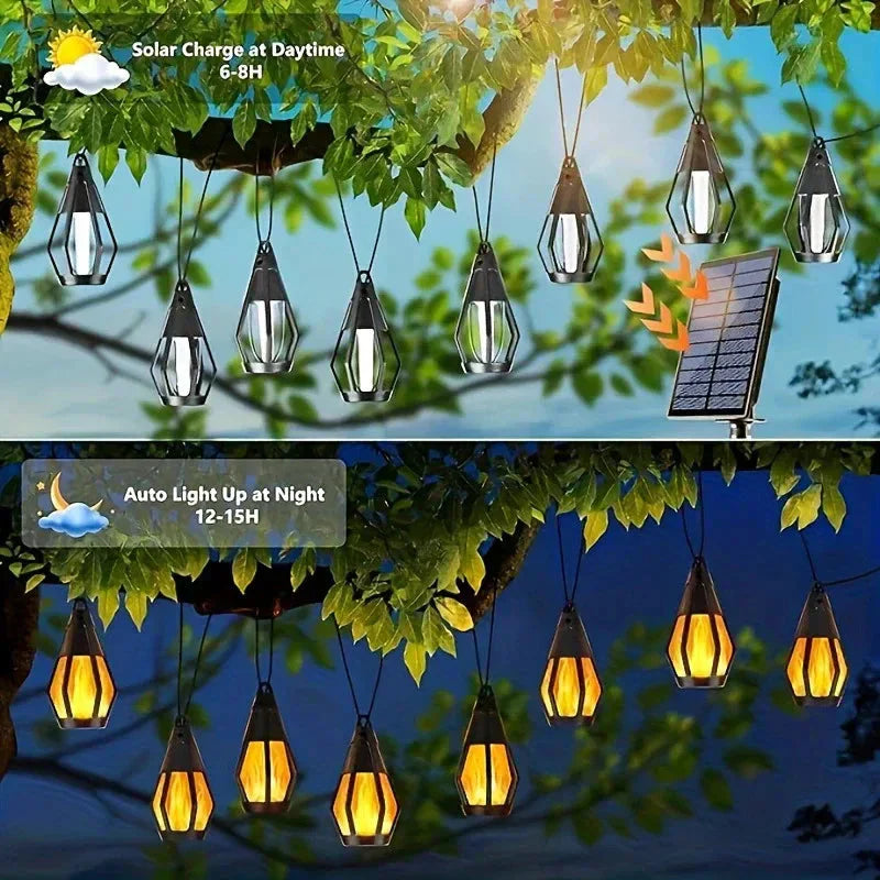 Nouvelles guirlandes lumineuses solaires à LED IP65, style « flammes », étanches, pour usage extérieur, avec capteur, pour jardins, cours et camping, angle de faisceau de 360°