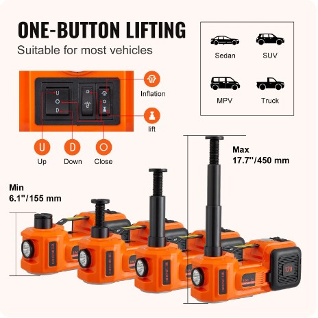 🔥Jusqu'à épuisement des stocks : 49 % de réduction !🎉Kit de cric 12 en 1, capacité max. 5 tonnes / 11 023 livres, comprenant un cric hydraulique, une clé à chocs électrique, une pompe gonflable intégrée et une lampe LED, élévateur portable