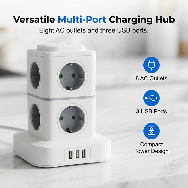 Tour de prises à 8 sorties peu encombrante avec options USB