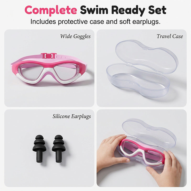 Lunettes de natation avec bouchons d’oreilles, lunettes de natation anti-buée réglables, accessoires de natation pour garçons et filles, équipement d’entraînement à la natation