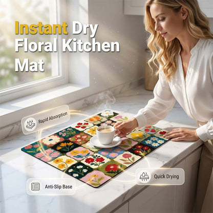 Tapis de cuisine à séchage rapide en diatomite, motif floral