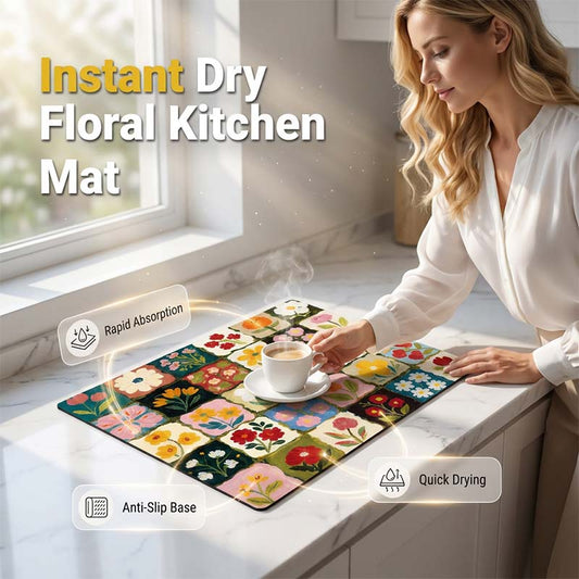 Tapis de cuisine à séchage rapide en diatomite, motif floral
