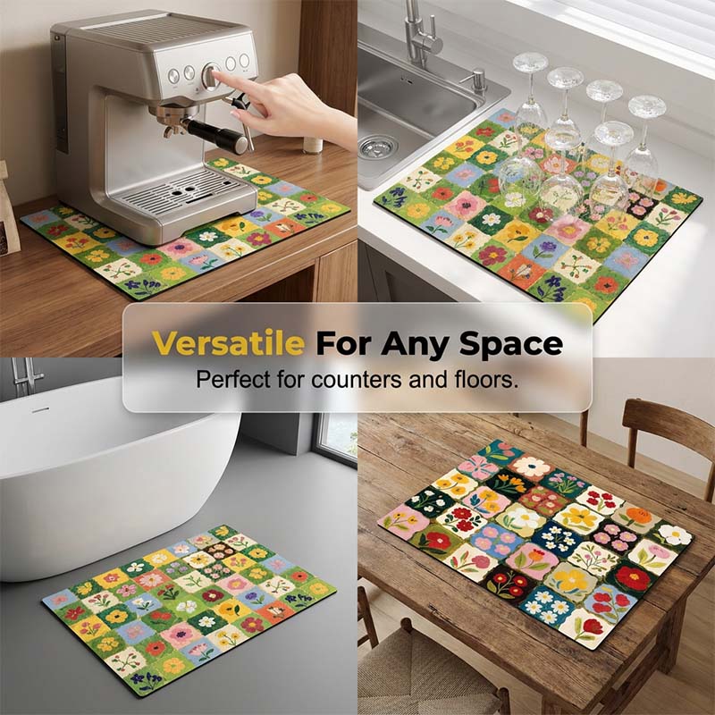Tapis de cuisine à séchage rapide en diatomite, motif floral