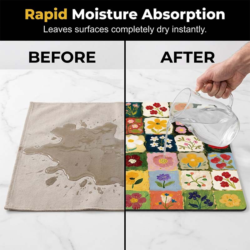 Tapis de cuisine à séchage rapide en diatomite, motif floral
