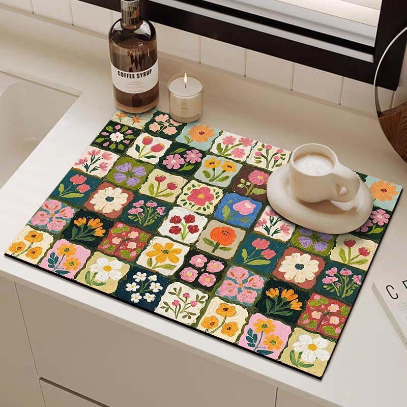 Tapis de cuisine à séchage rapide en diatomite, motif floral