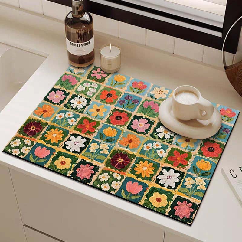 Tapis de cuisine à séchage rapide en diatomite, motif floral