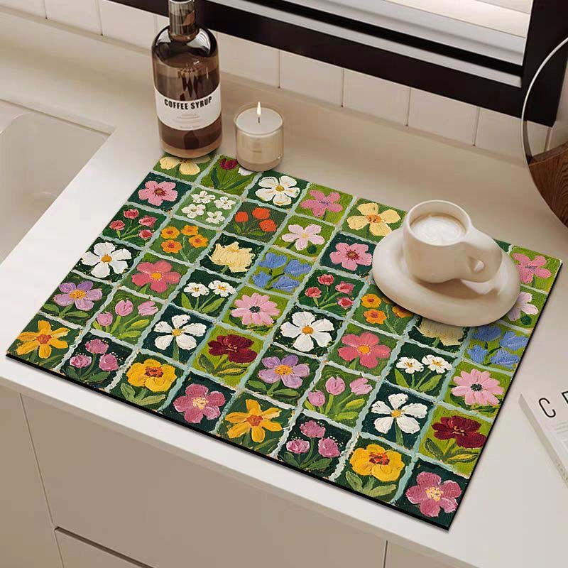 Tapis de cuisine à séchage rapide en diatomite, motif floral